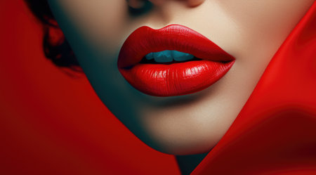 Close-up portrait of a beautiful young woman with bright red lips. Beauty, fashion.の素材