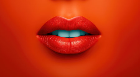 Closeup of female lips with red lipstick on a red background.の素材