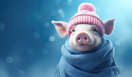 Cute little pig in winter hat and scarf on blue bokeh backgroundの素材