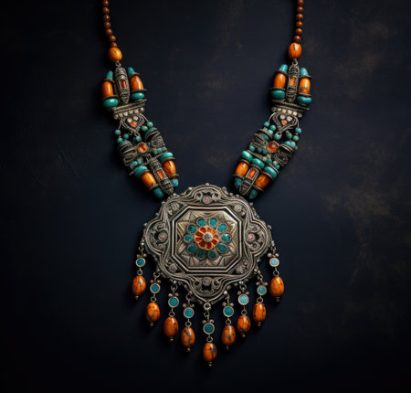Necklace with precious stones on dark background. Tribal design.の素材