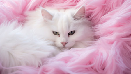 White cat lying on pink fur background. Fluffy cat with blue eyes.の素材