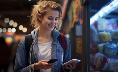 Portrait of smiling young woman using mobile phone while standing in cafeの素材