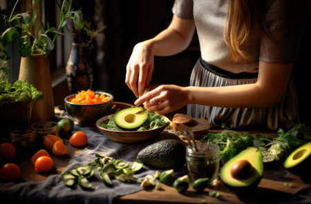 Young woman cooking avocado salad in the kitchen. Healthy food concept.の素材