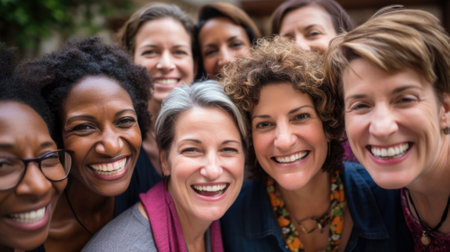 Portrait of smiling female friends standing together in front of a wallの素材