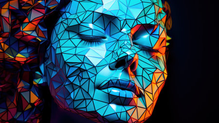3d rendering of a female face with abstract low poly background.の素材