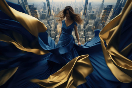 Beautiful woman in a blue dress with a flying fabric in the cityの素材
