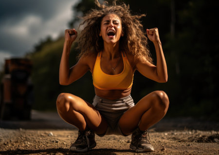 Athletic young woman with long curly hair in sportswear sitting on the ground and screamingの素材