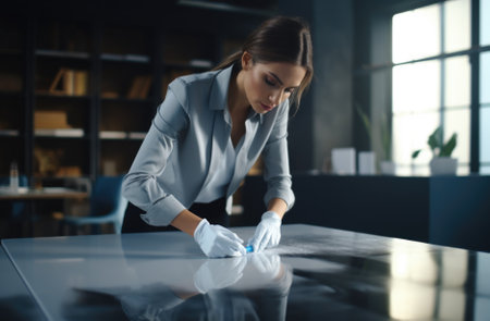Young woman in protective gloves cleaning table with disinfectant spray in officeの素材