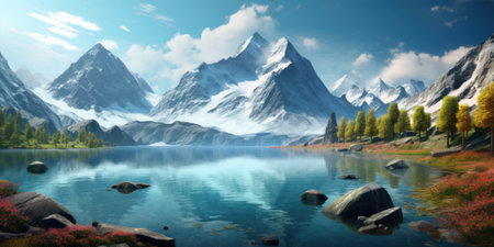 Beautiful landscape with lake, mountains and forest. Digital painting.の素材