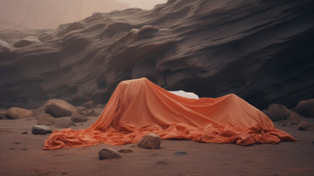 Crumpled orange fabric on the sand in Wadi Rum desert, Jordanの素材