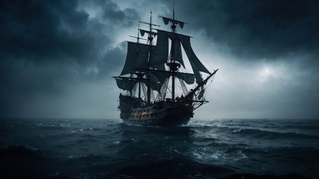 A sizeable ship is gently floating in the vast ocean during the serene night, illuminated by the...