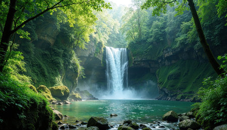 Imagine a magnificent waterfall cascading down the rocks, situated in the midst of a vibrant and lush green forest teeming with lifeの写真素材