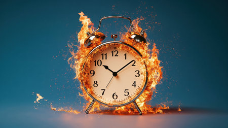 A striking and intense visual of a vividly burning alarm clock, which symbolizes both urgency and the passage of timeの写真素材