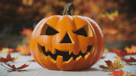 Carved Halloween pumpkin, surrounded by colorful autumn leaves, perfect for festive decor adding...