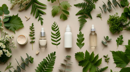Flat lay composition with natural cosmetic products and green leaves on beige backgroundの素材