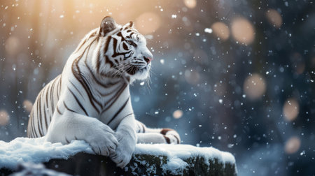 Beautiful white tiger in the forest during snowfall. Selective focus.の素材