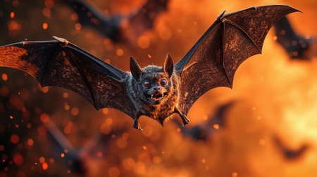 A large group of bats can be seen gracefully flying through the dark night sky, creating a stunning...
