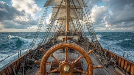This is a close up view of a steering wheel found on a boat sailing in the vast ocean, showcasing the beauty of maritime travelの写真素材