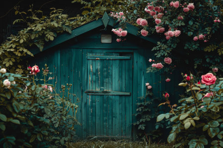 Old wooden door in garden with pink roses. Vintage style photo.の素材