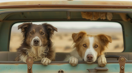 Two Border Collie dogs looking out of a car window in the desertの素材