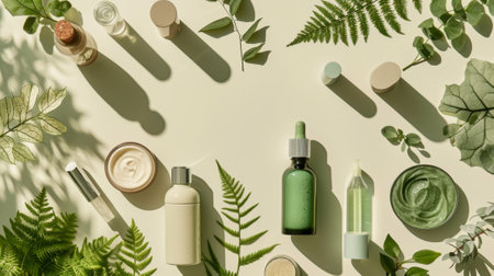 Flat lay composition with cosmetic products and green leaves on light backgroundの素材