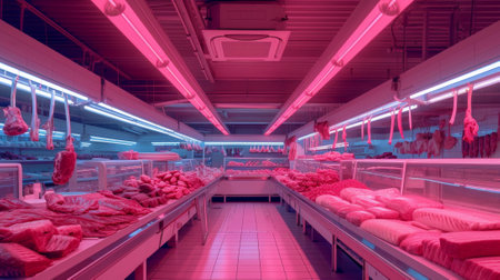 Interior of a meat shop. 3D rendering. Neon lights.の素材