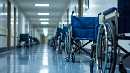 Empty wheelchair in hospital corridor, shallow depth of field. Medicine and healthcare conceptの素材