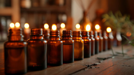 Glass bottles with essential oil on table in spa salon, closeupの素材