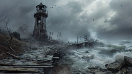Dramatic stormy seascape with old wooden pier and lighthouseの素材