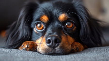 Portrait of a cute black and tan miniature dachshund dogの素材