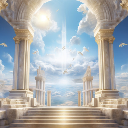 Conceptual image of heaven with clouds and stairs leading to heavenの素材