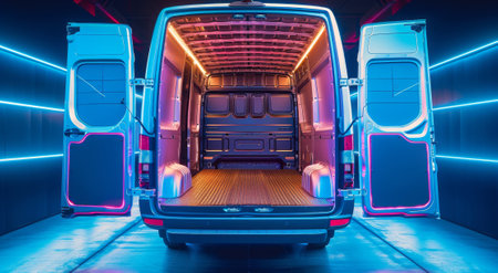 Truck with open door in bright neon light. 3d renderingの素材