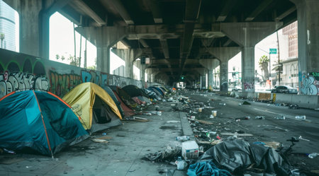 Crowd of homeless people living in the street.の素材
