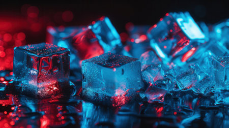 Ice cubes on black background. Frozen ice cubes with red light.の素材