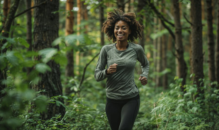 Young african american woman jogging in the forest, healthy lifestyleの素材