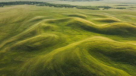 Aerial view of green grassy hills in the morning light.の素材