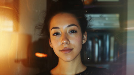 Portrait of a beautiful young brunette woman in a cafe.の素材