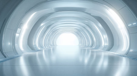 Futuristic white tunnel with curved walls and bright illumination. Modern architectural design creates sci-fi atmosphere with perspective view.の写真素材