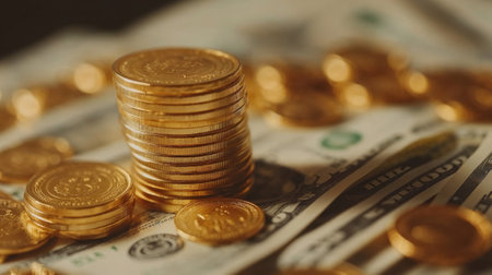 Stack of golden coins on dollar bills background. Concept of wealth, financial success and investment.の写真素材