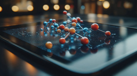 Colorful molecular model on reflective dark surface with beautiful bokeh lighting effects. Scientific visualization showcases atomic structure with blue and orange spheres connected by silver rods.の写真素材