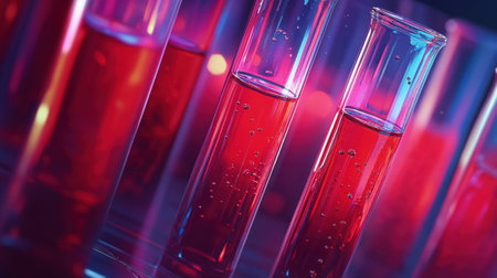 Glass test tubes filled with red liquid against neon-lit background. Scientific research concept with bubbling substances creating futuristic laboratory atmosphere in pink and blue tones.の写真素材