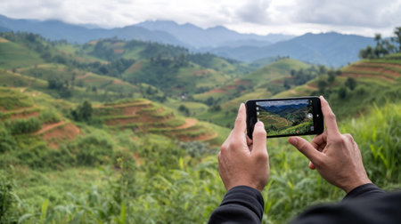 Hands holding smartphone capturing stunning mountain landscape with terraced rice fields. Travel photography of scenic Asian agricultural vista with rolling hills and cloudy sky.の写真素材