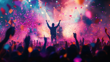 Epic concert moment capturing silhouetted performer with raised arms against explosive colorful...