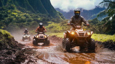 ATV riders racing through muddy tropical trail with mountain backdrop. Adventure tourism activity...