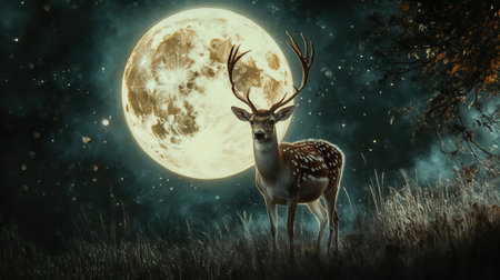 Majestic deer standing against full moon in mystical forest setting. Fantasy nature scene with spotted deer and glowing moonlight creates ethereal wildlife illustration.の写真素材