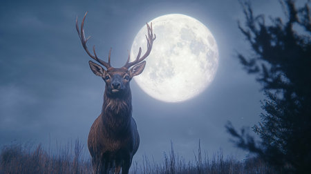 Majestic elk standing against full moon background in mystical night setting. Wildlife photography...