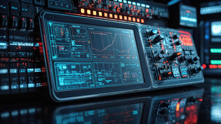 Illuminated futuristic control panel with glowing screens and detailed knobs, evoking high-tech...