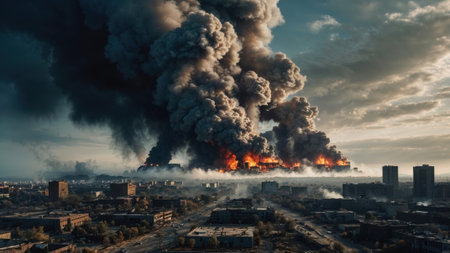 smoke and fiery explosions engulf a city skyline, creating a dramatic and devastating scene of...