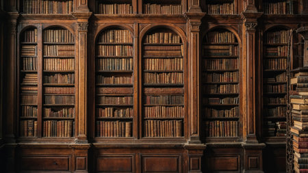 antique library featuring intricately carved wooden bookshelves lined with classic leather-bound...