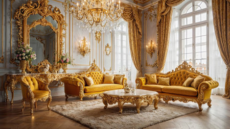 Baroque-style living room with ornate golden furniture, a crystal chandelier, and elegant drapery, exuding timeless luxury and opulence.の写真素材